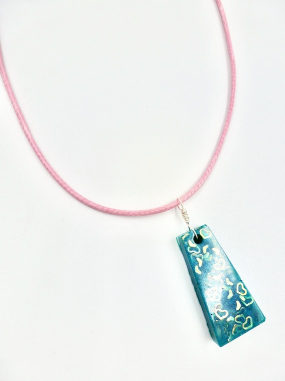 Teal Resin Gold Heart Sparkle Rectangle Pendant Pink Cord Necklace by Lauren Jay Designs