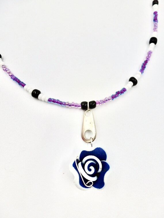 Blue Rose Flower Pendant Purple Beaded Necklace by Lauren Jay Designs