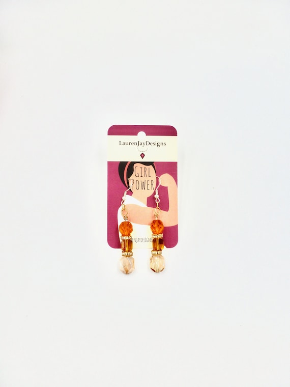 Fall Orange and Gold Crystal Beaded Dangle Earrings by Lauren Jay Designs
