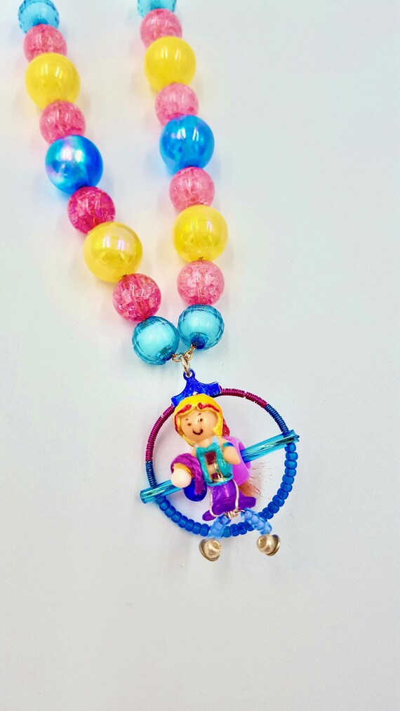 1995 Polly Pocket Stylin' Salon Doll Pendant Pink, Yellow and Blue Beaded Chain Necklace by Lauren Jay Designs