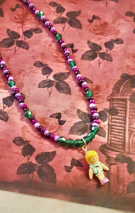 1993 Polly Pocket Pet Shop Doll Pendant - Green & Purple Beaded Necklace