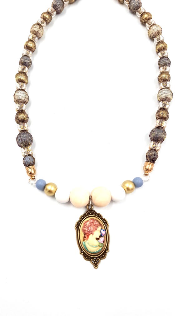 Victorian Cameo Pendant Medieval Style Copper Mesh Wire Gold and Black Beaded Necklaces by Lauren Jay Designs