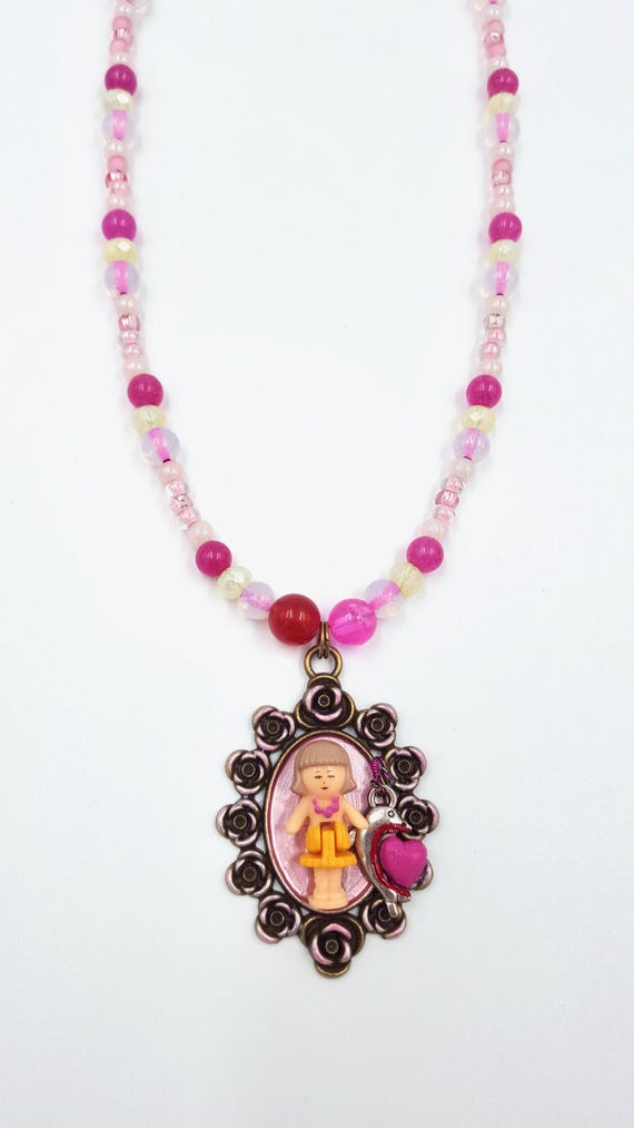 1989 Polly Pocket Tammy, Dolphin and Heart Rose Pendant Pink and Yellow Beaded Necklace by Lauren Jay Designs