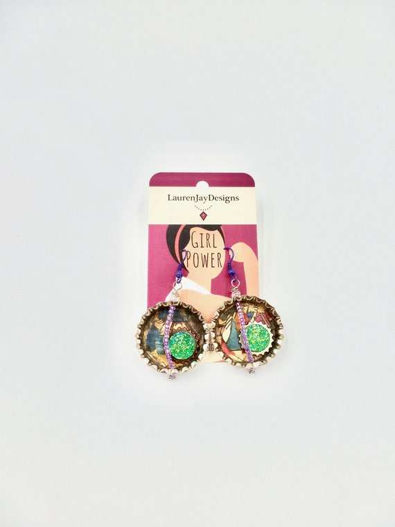 Green Druzy Comic Book Bottle Cap Purple Beaded Dangle Earrings by Lauren Jay Designs