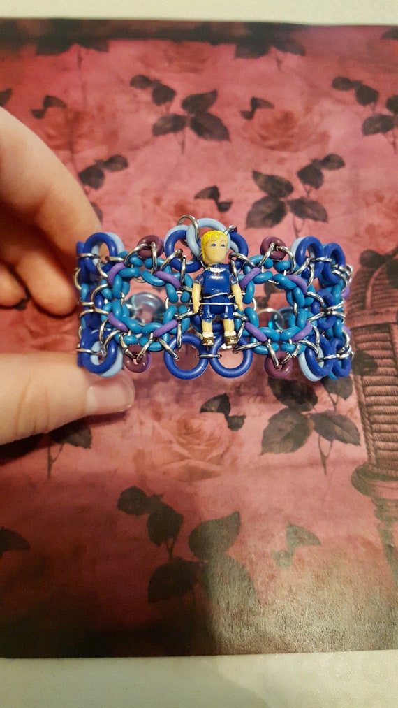 Tiny Dreams Boy Doll Pendant Blue Chain Mail Bracelet by Lauren Jay Designs