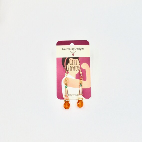 Fall Orange, Teal and Gold Bright Beaded Dangle Earrings by Lauren Jay Designs