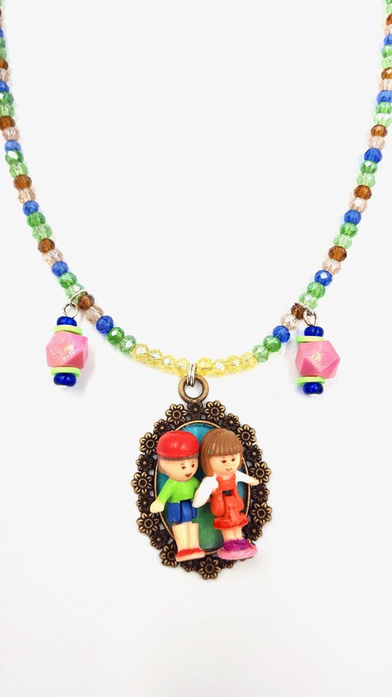 Polly Pocket Doll Pendant Brown, Pink, Blue and Green Beaded Necklaces by Lauren Jay Designs