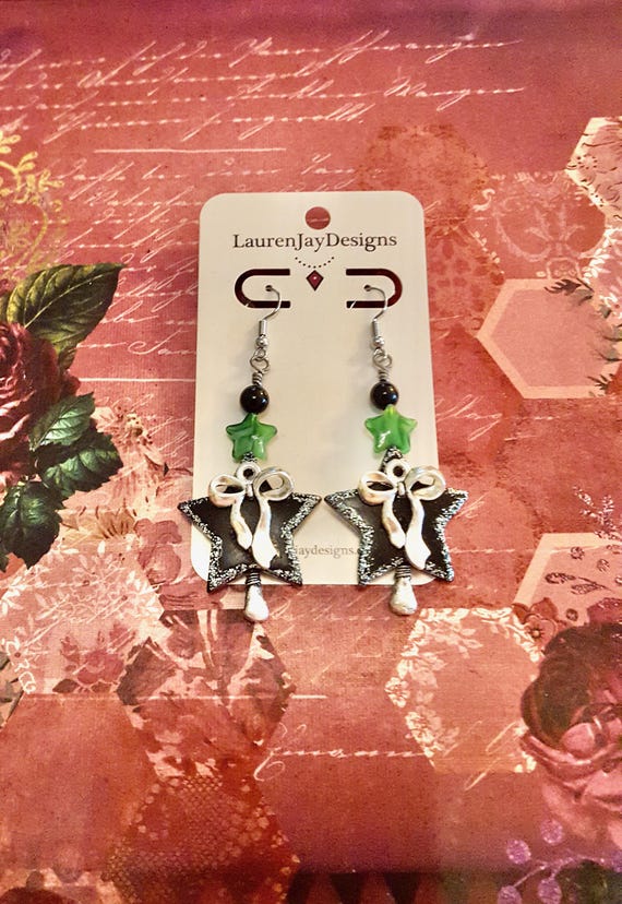 Black and Green Star Beaded Bow and Flower Dangle Earrings by Lauren Jay Designs