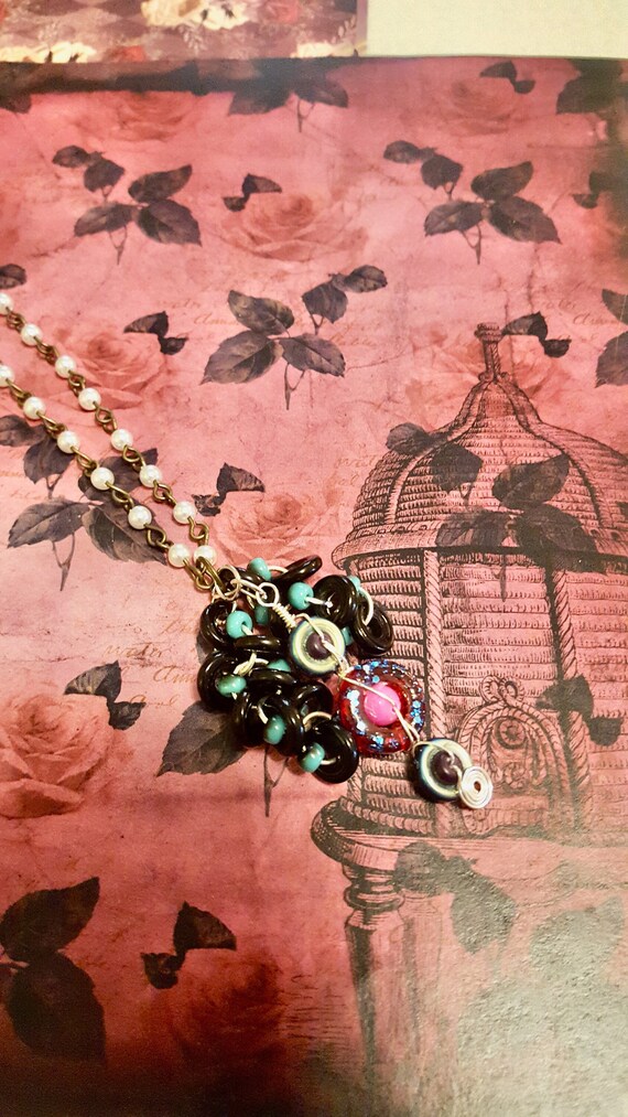 Teal and Black Chainmail Tassel Pink and Teal Beaded Pendant Pearl and Copper Chain Necklace by Lauren Jay Designs