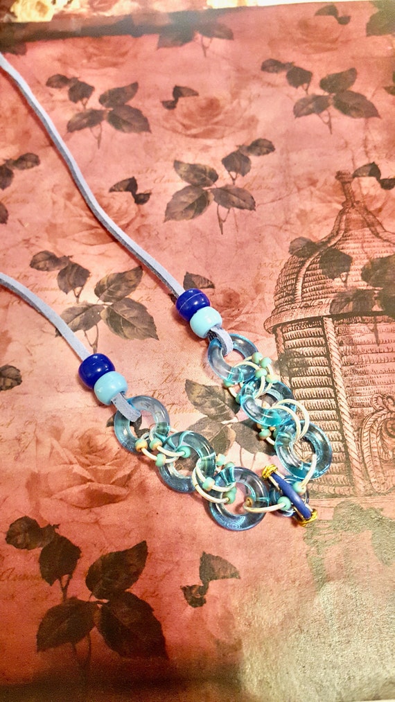Blue Chain Mail Link Beaded Cord Necklace by Lauren Jay Designs