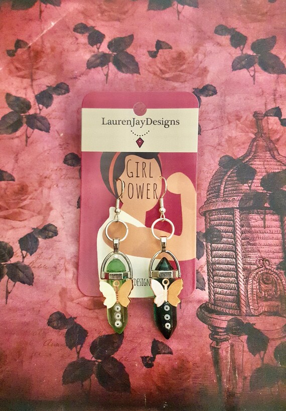 Butterfly Green Healing Chakra Quartz Crystal Stone Beaded Pendant Dangle Earrings by Lauren Jay Designs