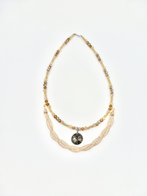 Date Night Crystal Pendant 2 Strand Gold Beaded Necklace by Lauren Jay Designs