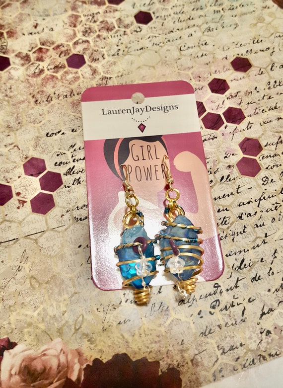 Floral Blue Crystal Gold Spiral Wire Wrapped Dangle Earrings by Lauren Jay Designs