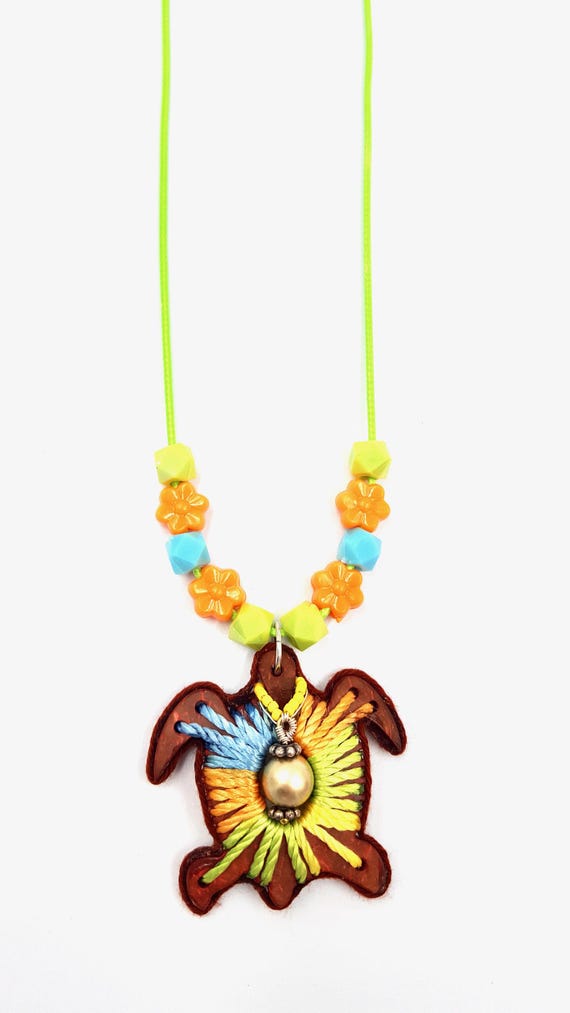 Hawaii Wooden Turtle Pendant Green, Orange and Blue Beaded Cord Necklace by Lauren Jay Designs