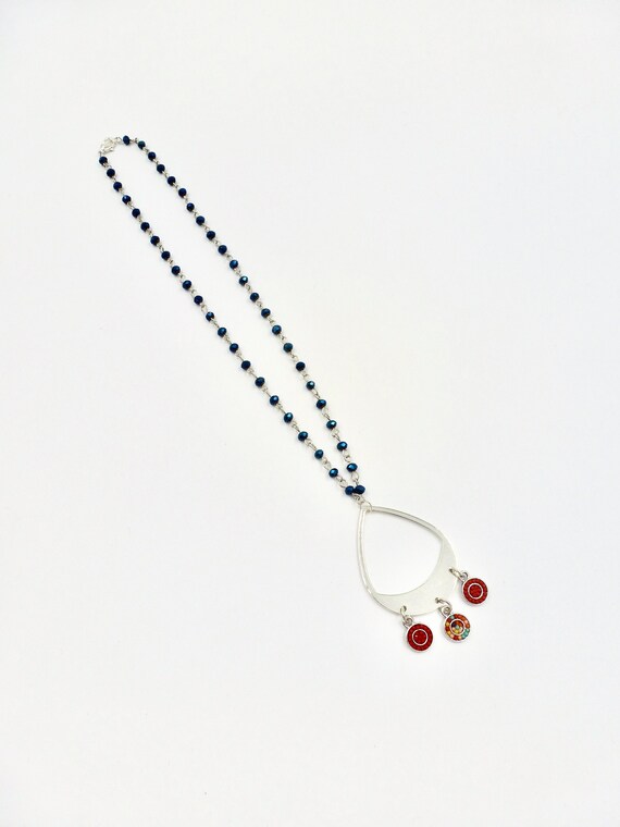Silver Beaded Pendant Navy Beaded Chain Necklace