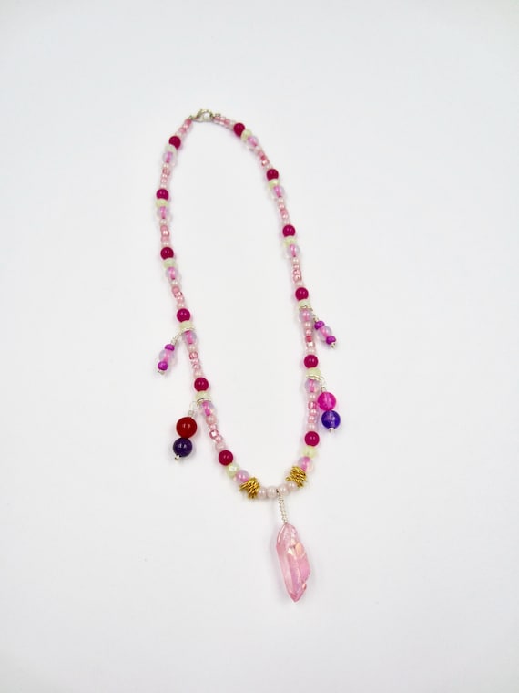 Pink Crystal Pendant Pink Beaded Necklace by Lauren Jay Designs