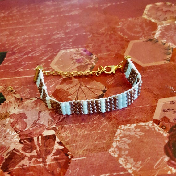 Aqua Blue and Chrome Striped Bead Weave Beaded Bracelet by Lauren Jay Designs