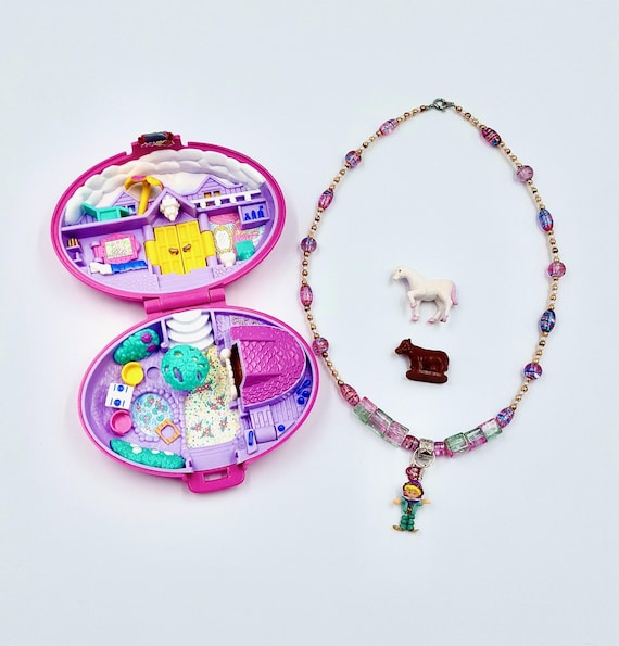 1995 Polly Pocket Palomino Pony Play Set with Doll Pendant Beaded Necklace, Horse and Cow Figures