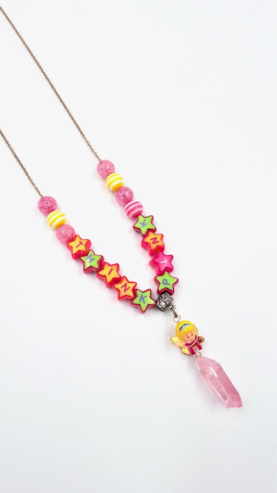 1992 Polly Pocket Pink Crystal Pendant Think Pink Beaded Chain Necklace by Lauren Jay Designs
