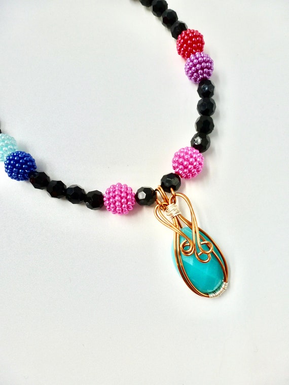 Rave Bright Blue Rhinestone Pendant Rainbow and Black Beaded Necklace by Lauren Jay Designs