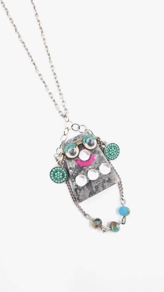 Grey and White Marbled Rock Girl Beaded Pendant Silver Chain Necklace by Lauren Jay Designs