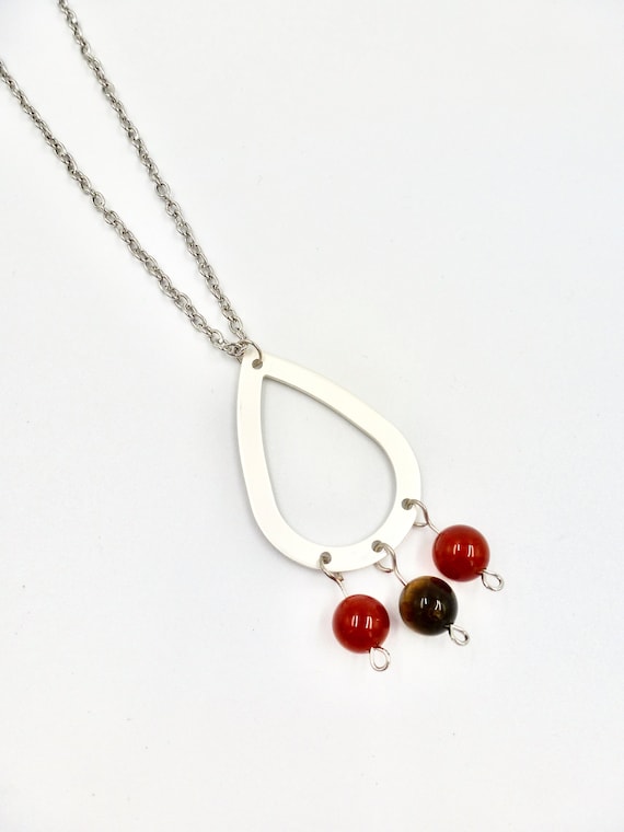 Red, Brown and Navy Gemstone Chakra Beaded Silver Teardrop Pendant Silver Chain Necklace by Lauren Jay Designs