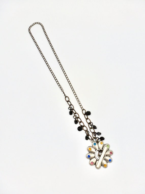Colourful Flower Clasp Pendant Beaded Rusty Gold Chain Necklace by Lauren Jay Designs