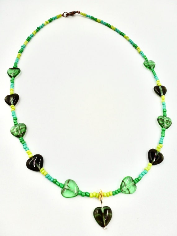 Valentine's Day Green Czech Glass Heart Pendant Green Beaded Necklace by Lauren Jay Designs