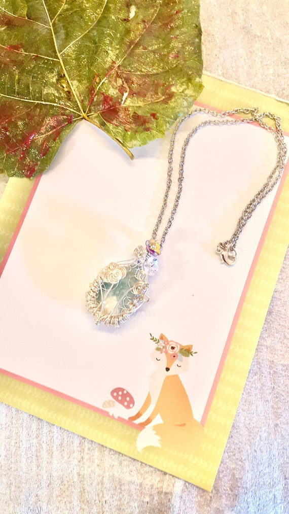 Blue Larimar Gemstone Pink and White Floral Silver Wire Wrapped Pendant Silver Chain Necklace by Lauren Jay Designs