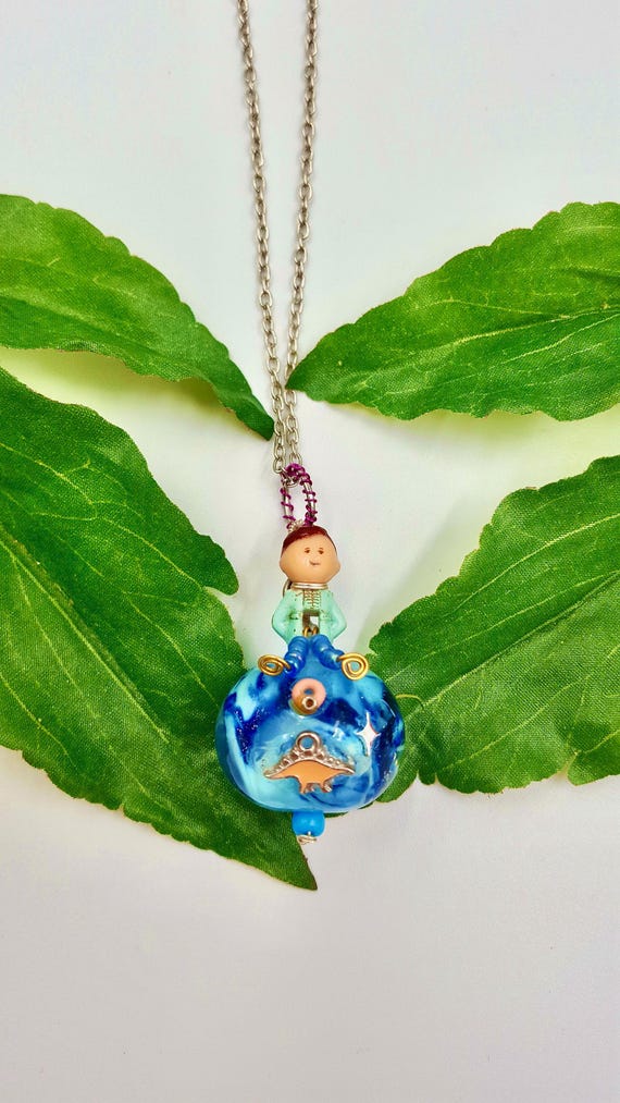 1992 Polly Pocket Prince Casper Glass Lamp-Work Globe Pendant Chain Necklace by Lauren Jay Designs