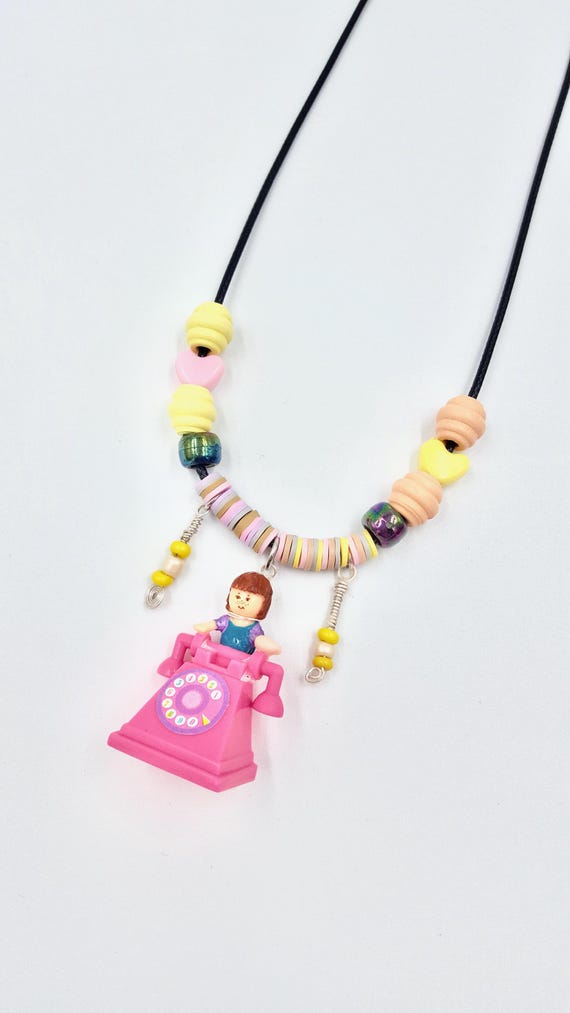 1995 Polly Pocket Torry/Vanessa Telephone Pendant Beaded Cord Necklace by Lauren Jay Designs