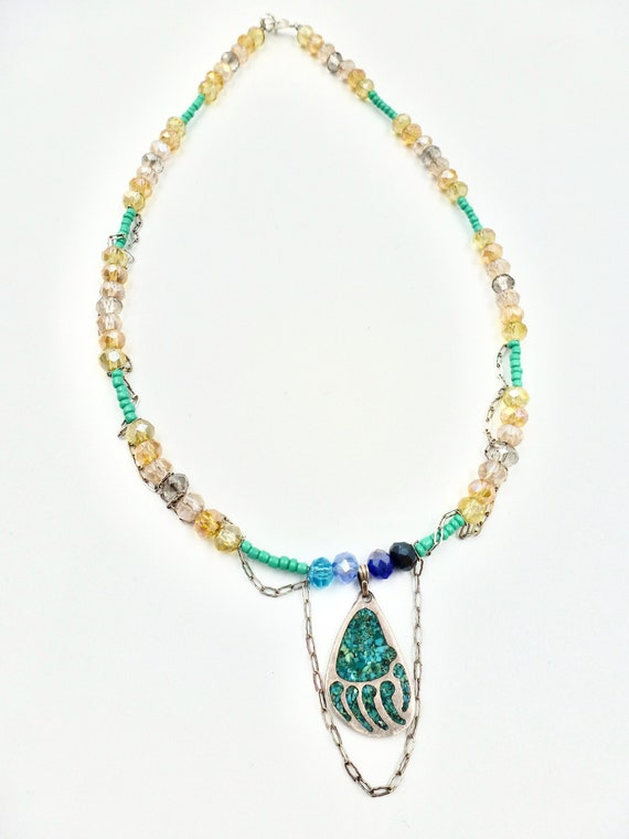 Wildlife Claw Footprint Teal Stone Pendant Gold and Teal Beaded Necklace by Lauren Jay Designs