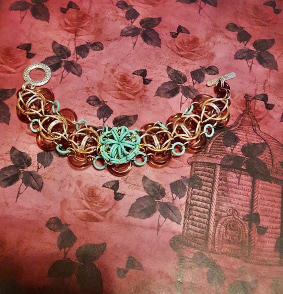 Teal and Purple Floral Pendant Beaded Chainmail Bracelet by Lauren Jay Designs