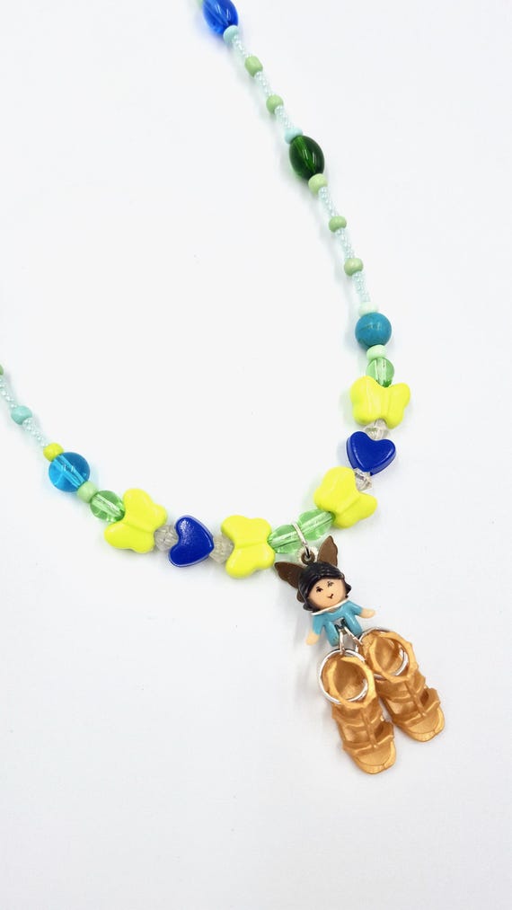 1995 Polly Pocket Shoe Fairy Pendant Blue and Green Beaded Necklace by Lauren Jay Designs