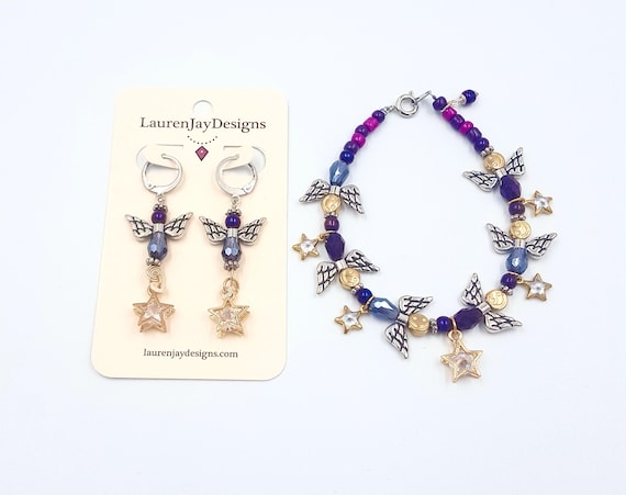 Purple Fairy Angel Crystal Star Beaded Earrings and Beaded Bracelet by Lauren Jay Designs