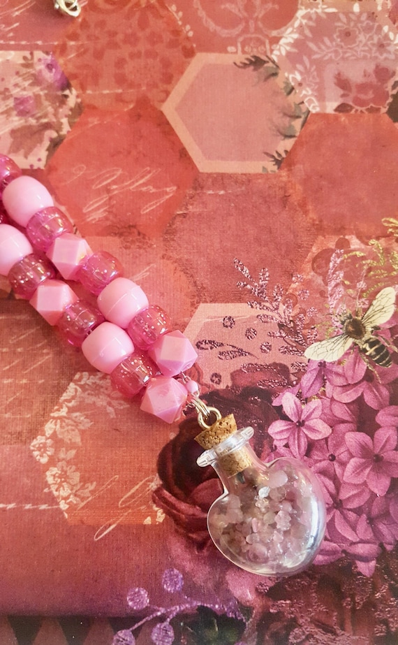 Glass Heart Jar Pendant with Pink Sea Glass Pebbles on Pink Beaded Chain Necklace by Lauren Jay Designs