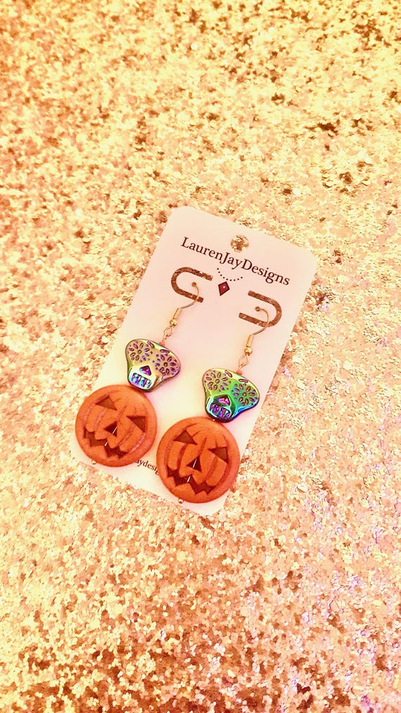 Halloween Sugar Skull Pumpkin Dangle Earrings – Iridescent Blue, Gold Tone Hooks