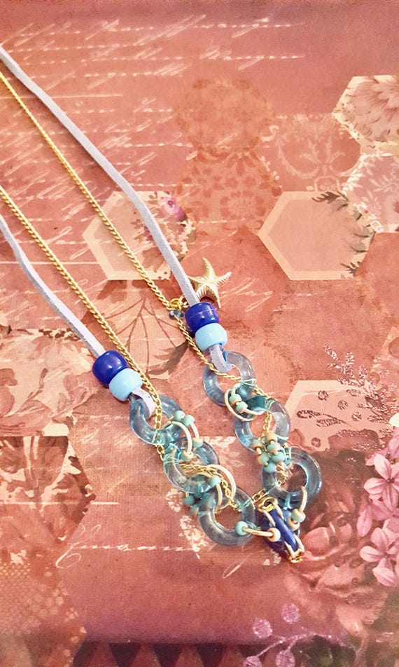 Gold Starfish Pendant Blue Chainmail Link Beaded Cord and Chain Necklace by Lauren Jay Designs