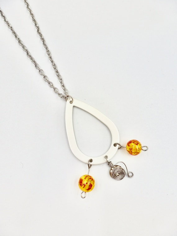 Yellow, Orange and Red Gemstone Chakra Beaded Silver Teardrop Pendant Silver Chain Necklace by Lauren Jay Designs