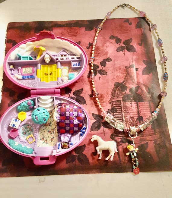 Restored 1995 Polly Pocket Palomino Pony Playset and Beaded Necklace