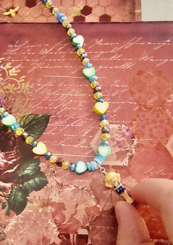 1993 Polly Pocket Water Fun Park Doll Pendant Colourful Heart Beaded Necklace by Lauren Jay Designs