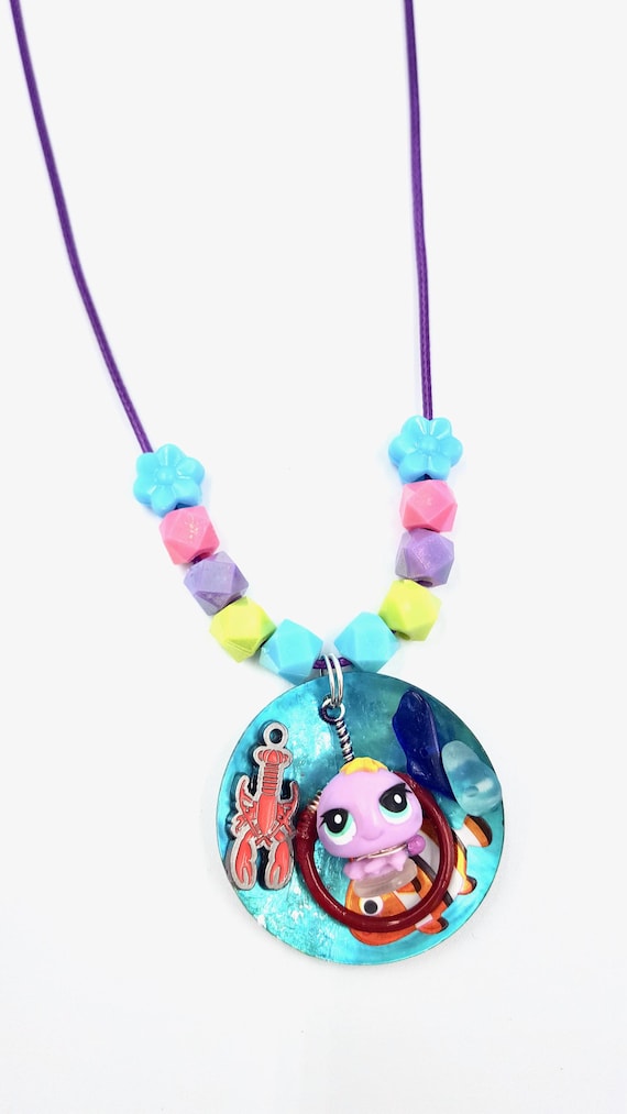 Littlest Pet Shop Teeniest Tiniest Octopus Under The Sea Shell Pendant Floral Beaded Cord Necklace by Lauren Jay Designs