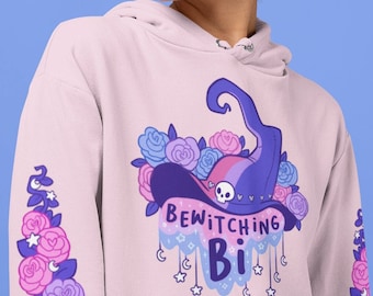 Bisexual Sweatshirt | Bewitching Bi Unisex Hoodie |  Biromantic Witchy Magic LGBTQ Occult Witch Hat LGBT Cute | Pastel Goth Hood Apparel