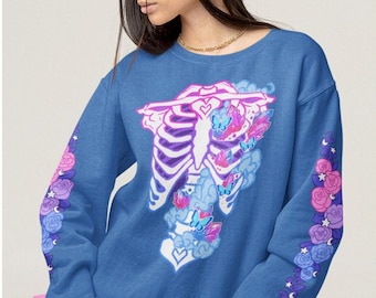 Bisexual Subtle Pride Ribcage Sweatshirt | Bi Flag Sweater, Bi Pride Butterfly Shirt, LGBTQ Skeleton Sweatshirt, Pastel Goth Clothing