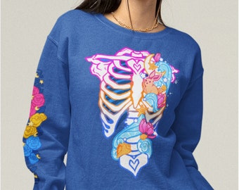 Pansexual Subtle Pride Ribcage Sweatshirt | Pan Flag Sweater, Pan Pride Bunny Shirt, LGBTQ Skeleton Sweatshirt, Pastel Goth Clothing