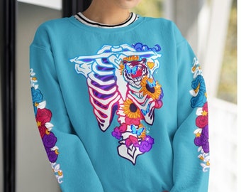 Polyamorous Subtle Pride Ribcage Sweatshirt | Poly Flag Sweater, Pride Tiger Shirt, LGBTQ Skeleton Sweatshirt, Beach Pastel Goth Clothing