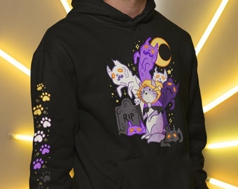 Nonbinary Pride Zombie Cat Hoodie | Nonbinary Flag Sweatshirt, Subtle Pride, Necromancer, Queer Art, Cute Witchy LGBTQ, Pastel Goth Clothing