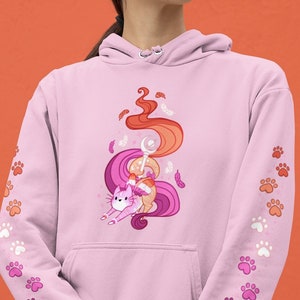 レズビアン プライド ムーン キャット パーカー | レズビアン フラッグ スウェットシャツ、さりげないプライド、LGBT シャツ、クィア アート、キュートな LGBTQ、パステル ゴス 魔法少女 アニメ