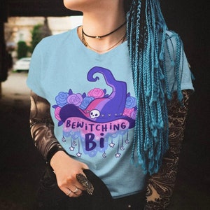 Bisexual Pride Witch Shirt | Bewitching Bi T-Shirt, Bi Pride Queer Art, Subtle Pride Witchy Clothes, Wizard Hat Merch, Pastel Goth Clothing