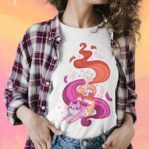 プライドキャットレズビアンシャツ | さりげないプライドキティTシャツ、レズビアンレズビアンアート、レズビアンフラッグ魔法の杖、かわいいアニメグッズ、パステルゴス服